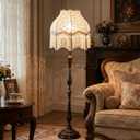 VIHOSE Victorian Floral Scallop Lamp Shade Large 7.5" Top x 15.8" Bottom x 15 "High Cream White Replacement Lamp Shade with Tassels and Fringe Finial Fit Bell Shape Scallop Fringe Embroidery