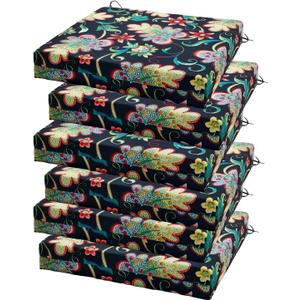 Outdoor Chair Cushions Set of 6, 18.5 x 16 Inch Patio Chair Cushions for Outdoor Furniture, Water Resistant, Non-Slip Ties (Black Floral)