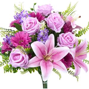 HUAESIN Artificial Flowers Purple Cemetery Flowers Memorial Day Fake Rose Hyacinth with Chrysanthemum Bouquet Summer Silk Floral Arrangement for Home Garden Wedding Table Entryway Indoor Outdoor Decor