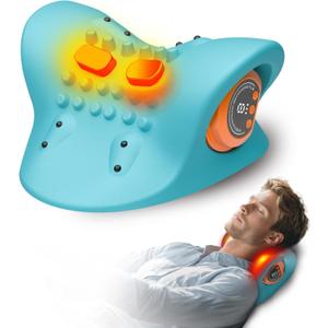 Neck Massager Pillow, Portable Neck Stretcher with Heat, 3 Adjustable Modes for Deep Tissue Pain Relief, 26 Angle Cervical Traction Device for Shoulder, Back (8.4*7.9*4.3 Inch, Blue)