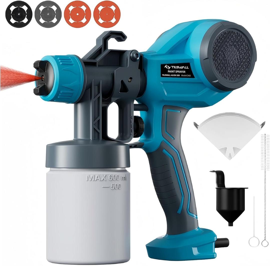Tilswall Paint Sprayer, Lightweight HVLP Spray Gun, High Power Electric Spray Paint Gun, 4 Nozzles & 3 Patterns, Easy to Clean Paint Sprayer for House Painting, Cabinets, Furniture, Fence, Walls, DIY (600ml, Blue)
