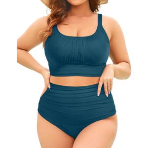 Plus Size Two Piece Swimsuit - Women Ribbed High Waisted Bikini Sets Teal Tummy Control Bathing Suits 2025 Swimwear 18W