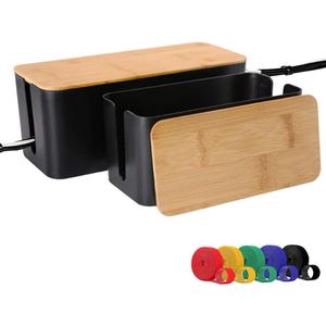 Cable Management Box, 2 Pack Bamboo Lid Large Storage Wires Organizer Holder for Home, Desk, TV, Computer, USB Hub - to Cover Hide Surge Protector Conceal Power Strips & Cords (Black)