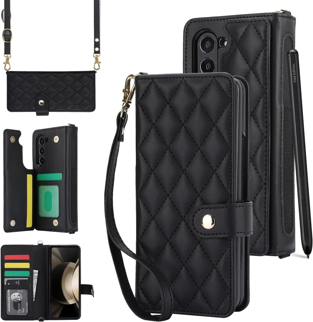 for Samsung Galaxy Z Fold 5 Wallet Case with 6 Credit Card Slots and S-Pen Slot, RFID Blocking, Adjustable Strap, Multi Card Function Premium Leather Magnetic Clasp Kickstand Cover.(Black)