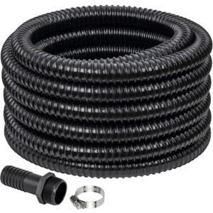 1-1/2" ID Pond Tubing 25ft Black, Reinforced PVC Corrugated Hose - Kink-Proof, Includes 1 Stainless Steel Clamp & 1.5" Barbed x NPT Male Adapter for Ponds, Waterfalls, Pumps, Filters & Drainage