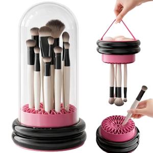 2 x Makeup Brush Holder Cleaner, 3 in 1 Silicone Makeup Brush Cleaning Bowl with Drying Rack, Detachable Brush Organizer for Brushes, Sponges & Puffs, Black and Pink