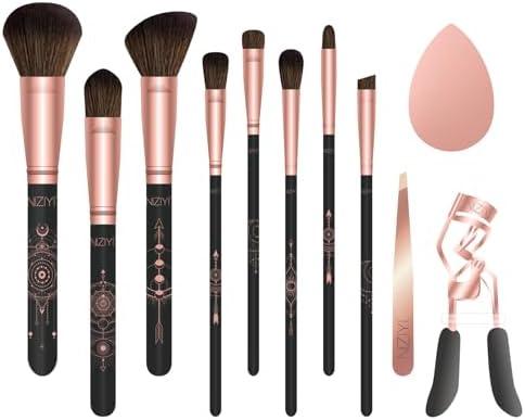Pack Of 2 Makeup Brush Set 11Pcs with Eyelash Curler & Eyebrow Tweezers, Makeup Brushes with Eyeshadow, Foundation,Powder Puff, Highlighter, Concealer, Blusher, Powder Brush, Make up Kits for Adults