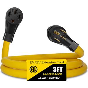 50 Amp RV/EV Extension Cord, 4 Prong NEMA 14-50P to 14-50R 50F/50M Cable Suit for RV Trailer Campers, Tesla Model 3-S-X-Y, Heavy Duty STW with Cord Organizer, ETL Listed (3 FT)