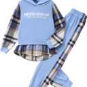 Hilinker Girls Plaid 2 Piece Outfits Graphic Color Block Hoodie and Sweatpants Set Blue Plaid Letter 11-12 Year