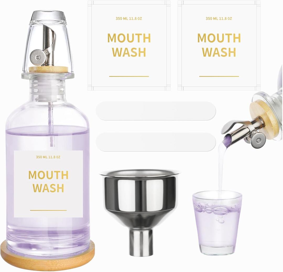 RELBRO Glass Mouthwash Dispenser for Bathroom, 11.8 OZ Refillable Mouthwash Container with Cup, Auto Pour Spout, Bamboo Tray, Funnel, Stickers, Clear, 1 Pcs