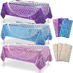 Unittype 6 Pcs Fish Net Decorative and Tablecloth Set, Cotton Fishnet and Plastic Table Cover Decorations Set for Nautical Themed Party Baby Shower Pirate Decorations Mermaid Party (Colorful), 54 x 108 inches