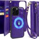 Harryshell for iPhone 15 Pro Max Detachable Magnetic Case Wallet,Compatible with Magsafe Wireless Charging, [ RFID Blocking ] Card Slots, Cash Zipper Pocket Wrist Strap (Floral Purple)