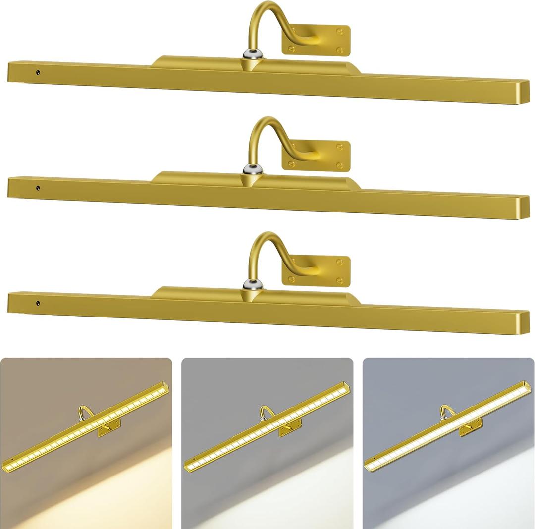 3 Pack Gallery Picture Frame Lights - 24Inch Gold Battery Wireless Wall Mounted Lighting for Large Art, Posters, Canvas & Gallery Walls