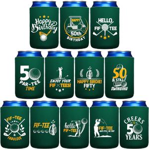 Jingmore 12 Pack Funny Golf Themed Can Coolers Reusable Neoprene Beer Sleeve Bulk Thermal Insulation & Keep Cool Interesting Gift for Golfer Birthday Party Supplies (50th Themed)