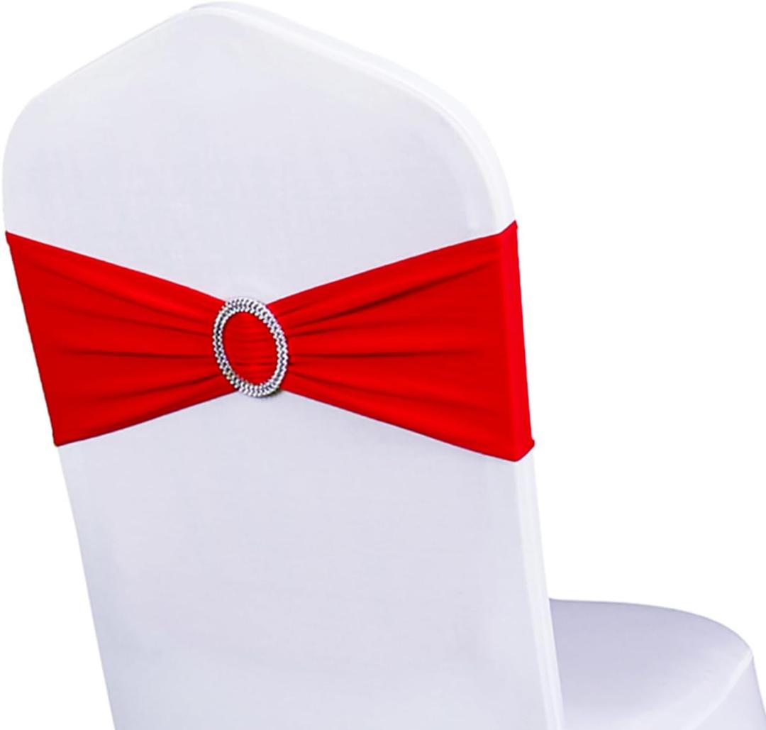 Pack of 50 Spandex Red Chair Sashes for Wedding Chair Bows Ties Stretch Chair Bands with Silver Buckles for Party Birthday Engagement Banquet Christmas Event Decorations (Red)