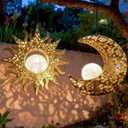 Solar Hanging Sun & Moon Lights Set for Outside,2 Pack Metal Lanterns Pierced Carving Soothing Lamp, Large Decorations for Yard Garden Patio Proch Tree Wall, Christmas Gifts for Women Mom