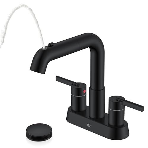 KENES Matte Black Centerset Bathroom Faucet with Pull Down Sprayer, 4 Inch 2 Handle Pull Out Bathroom Faucet 3 Hole, Bathroom Sink Faucet with Pop Up Drain & Supply Lines LJ-9059A-2
