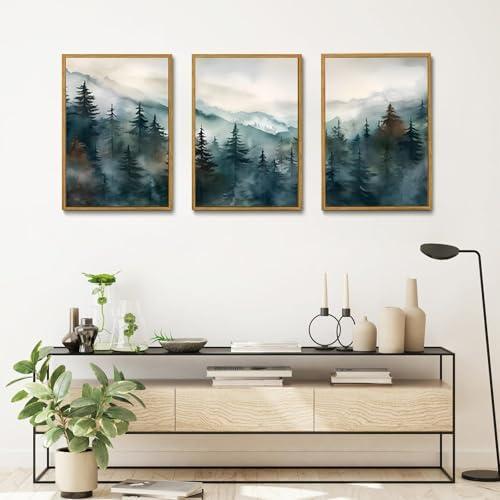 Bwodke Framed Wall Art Mountain Canvas Wall Art Set of 3 Boho Nature Landscape Picture Decor Pine Forest Prints Artwork Painting for Living Room Bedroom Office 16"x24"