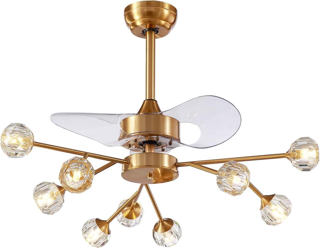 Siljoy 9-Light Farmhouse Sputnik Crystal Ceiling Fan with Light and Remote, Brass Gold Fandelier with Quiet Reversible Motor, 6 Speeds, 3-Color Change for Living Room Bedroom Patio 35.4 Inch