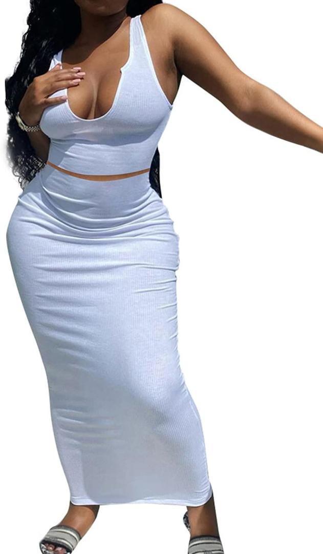 2 Piece Outfit Maxi Dress for Women, Summer Deep U Neck Sleeveless Tank Crop Tops Long Skirt Set Party Bodycon Dresses, XL