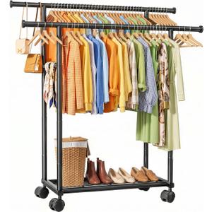 Sakugi Double Rods Clothes Rack - Metal Clothing Rack with Fixed Double Rods, Rolling Wheels & Built-In Shelf for Closet, Bedroom, Laundry Storage (39" x 17" x 60", Black)