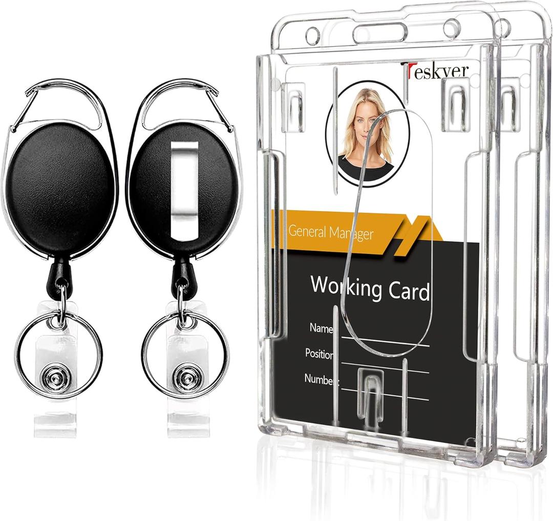 Teskyer 2-Pack Badge Holder Retractable Clip, Heavy-Duty Badge Reel with 6.7oz Load Capacity, Clear Vertical Hard ID Card Badge Holders for Work Office Nurse Teacher Student Teskyer 2-Pack Badge Holder Retractable Clip, Heavy-Duty Badge Reel with 6.7oz Load Capacity, Clear Vertical Hard ID Card Badge Holders for Work Office Nurse Teacher Student