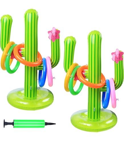 Inflatable Cactus Ring Toss Game Set with 4 Pcs Inflatable Rings - Hawaiian Pool Games Cactus for Summer Party Supplies Favors - Pool Beach Party Decoration Supplies