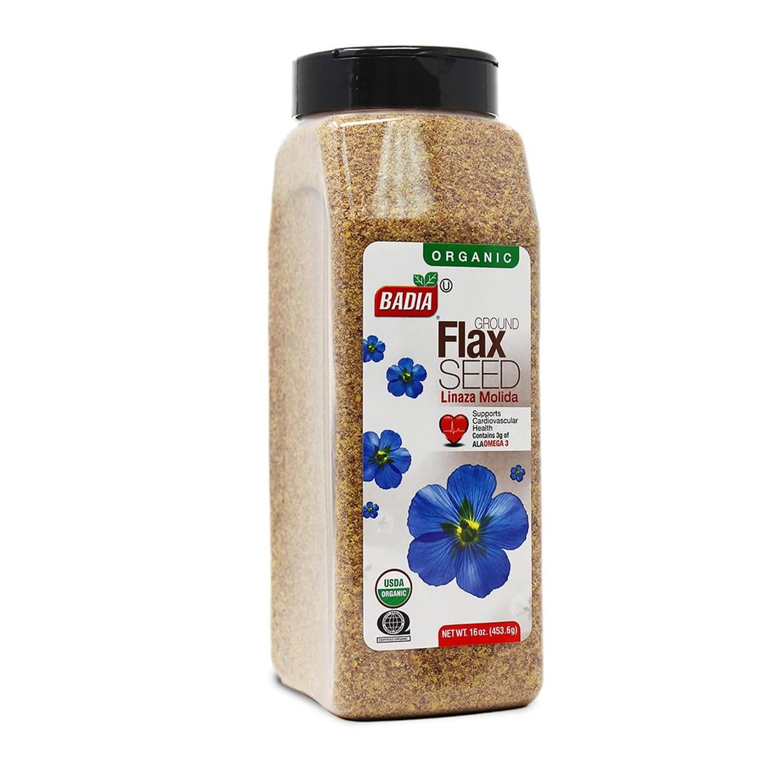 Badia Organic Ground Flax Seed, 16 oz - Superfood High in Fiber & Omega-3, Certified Organic, Non-GMO, Baking, Smoothies & Cooking (EXP 07/31/31)