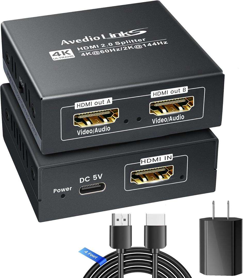 HDMI Splitter 1 in 2 Out 4K@60Hz w/ 4ft HDMI Cable, HDMI Audio Splitter for Soundbar, Support Dobly Vision/Atmos 7.1ch,Down Scaler 4K 1080P Sync, 2K@144Hz,Work for Firestick, PS4/5, Roku (Black)