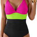 Aidonger Women's One Piece Color Block Swimsuit Tummy Control Slimming Bathing Suit V Neck Cutout High Waisted Swimwear (X-Large, Hot Pink and Black)