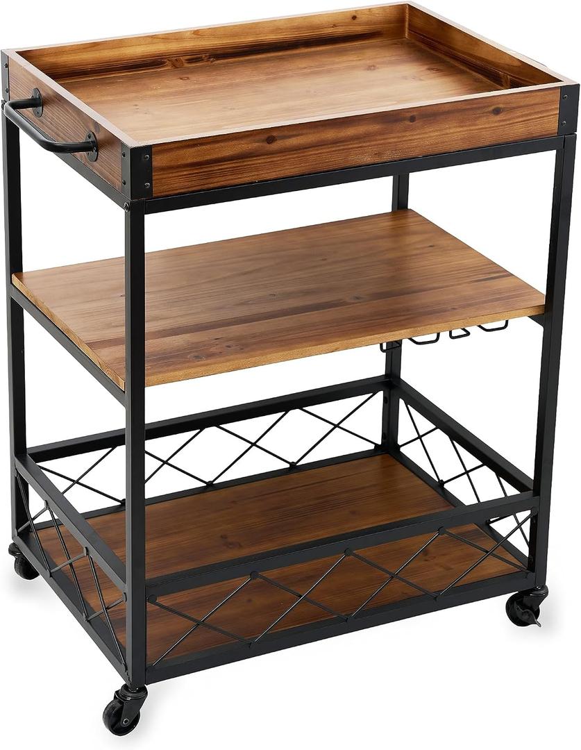 Twine Modern Manor Bar Cart, Wheeled Rustic Industrial Portable Serving Cart with Removable Tray for Liquor, Glassware, and Wine, Wood, Metal, Set of 1