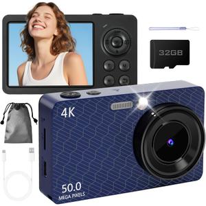 Digital Camera for Photography Autofocus, 4K Point and Shoot Cameras with 32GB SD Card, 16X Digital Zoom, Portable Travel Camera for Beginner, Small Compact Digital Camera for Adult Teens, Blue