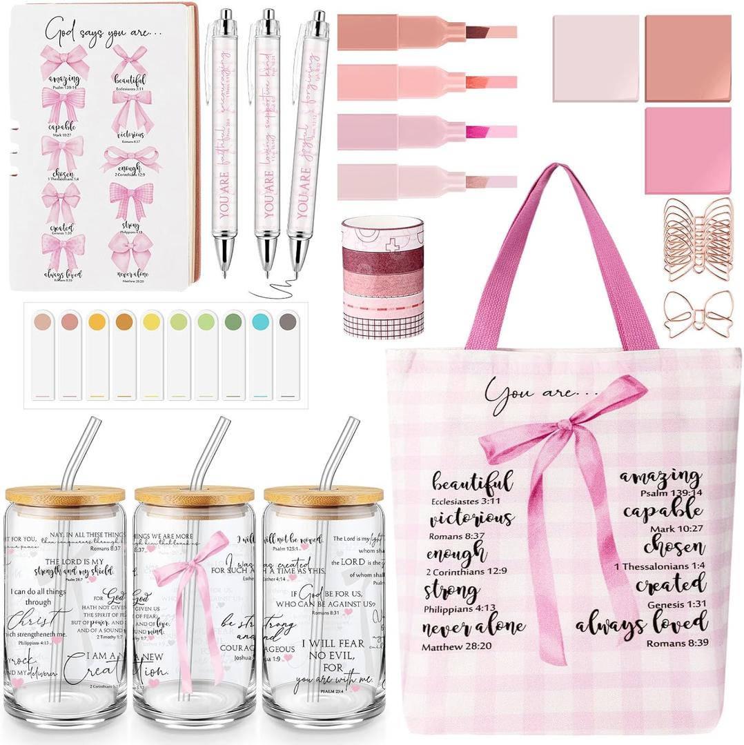 Singhoow 29 Pcs Bible Journaling Kit 16 oz Glass Cup Canvas Bag Leather Notebook Highlighters and Pens Sticky Note Tapes Paper Clips Gift Bible Study Supplies for Teacher Women Men(Bow,Pink)