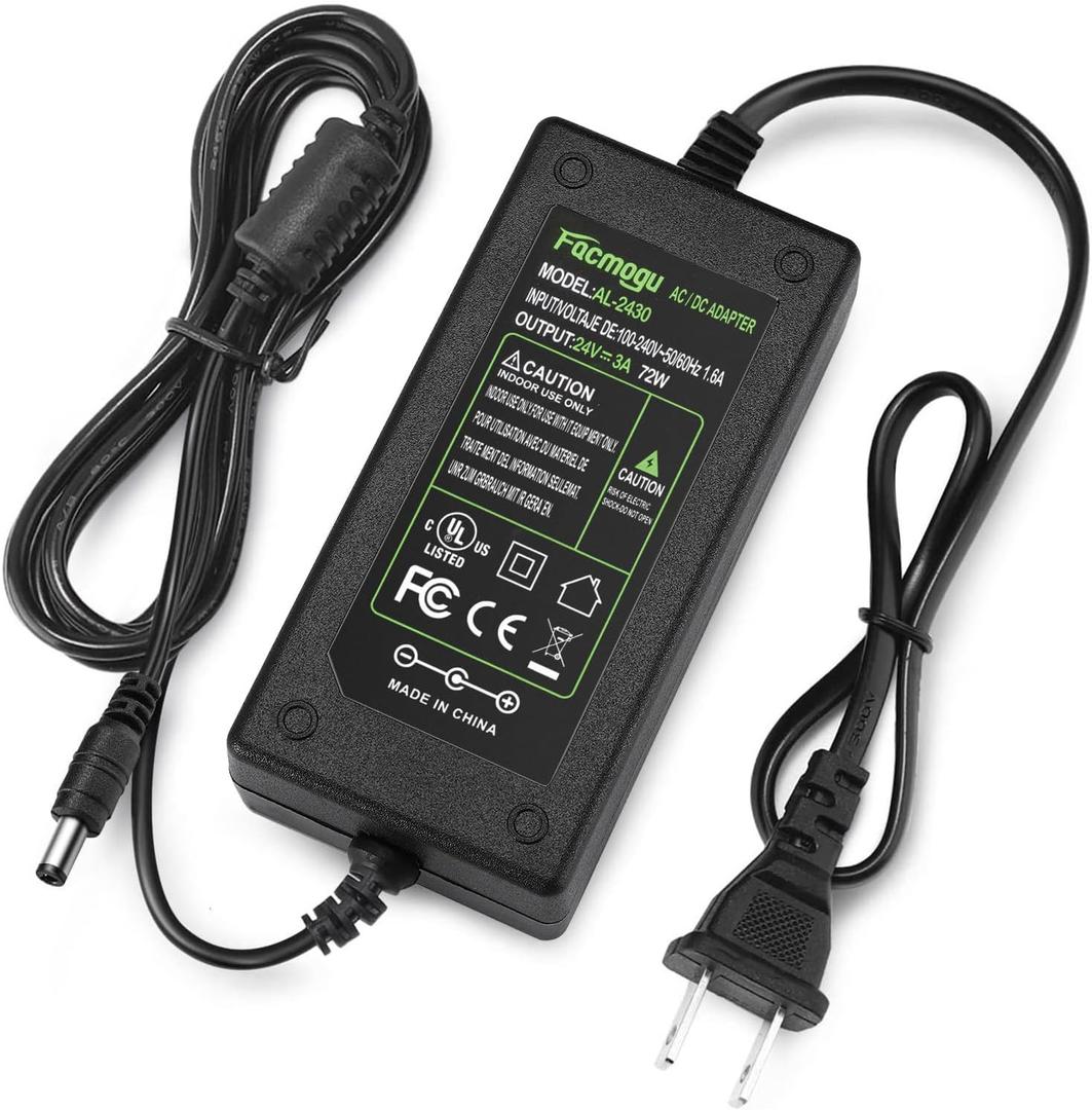 Facmogu 24V 3A 72W Power Supply Adapter Converter, 100-240V 50/60Hz AC to DC 24 Volt 3Amp Power Supply, 5.5x2.5mm & 5.5x2.1mm DC Plug, 24V Switching Transformer for LED Lights CCTV Camera Monitor