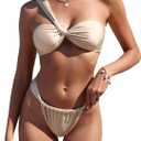 ZAFUL Women's One Shoulder Bikini Twisted Ruched High Cut Bandeau Bikini Set Two Piece Swimsuit (0-beige) S