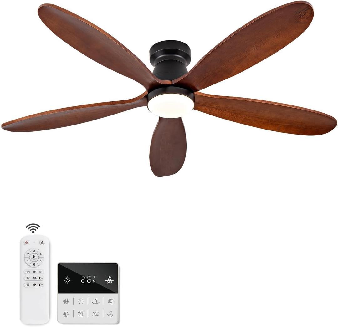 48 Inch Ceiling Fans with Lights and Remote, Low Profile Flush Mount Modern Wood Ceiling Fan with Light, 5 Blades, Dimmable, Wall Switch, 6 Speed DC Motor