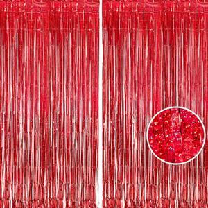 BRAVESHINE Red Tinsel Foil Fringe Curtains - 2Pcs 3.2x8.2ft Holidays Photo Booth Party Backdrop for Valentines, Bachelorette, Anniversary, Engagement, Christmas, Girl, Birthday, Bridal, New Years Decorations