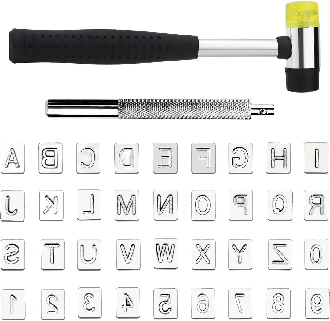 38 PCS Leather Stamping Tools, Leather Stamping Kit with 36pcs Letters and Numbers, Rubber Hammer, Leather Punch Tools, Leather Stamp Set Leather Carving Tools Leather Stamps for Leather Working