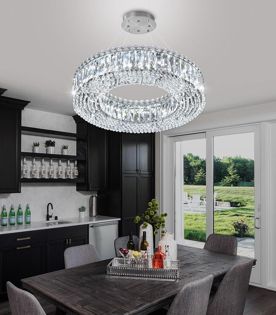 Modern Crystal Pendant Lighting for Dining Room LED Dimmable Chandeliers Crystal Ceiling Light Fixtures for Living Room Foyer Hallway Entryway Silver, 20''