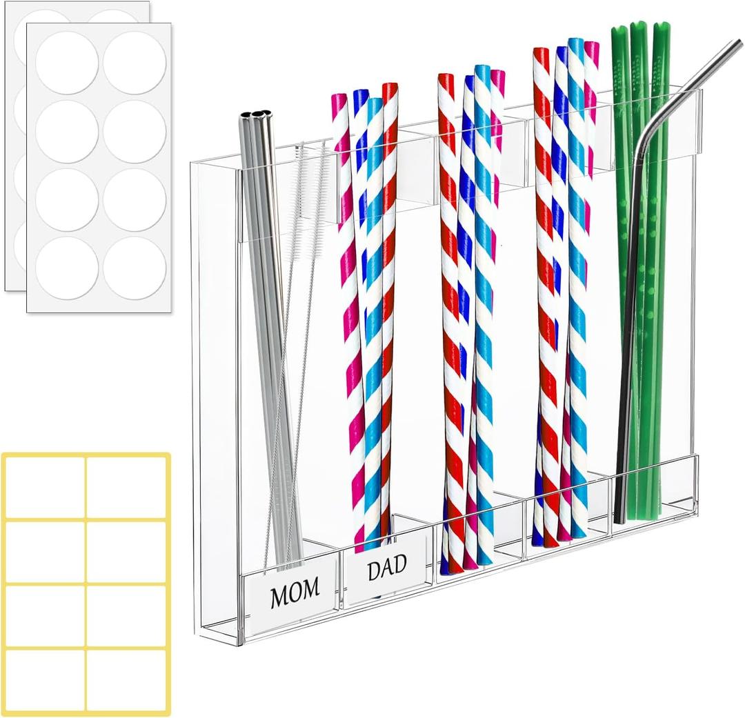 Acrylic Straw Holder for Cabinet Door, Straw Dispenser with Double Sided Adhesive Tape and Stickers, Reusable Tumbler Straw Storage, for Brushes, Colored Pencils, Markers