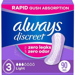 Always Discreet Adult Incontinence Pads for Women, Light Absorbency, Regular Length, Postpartum Pads (3 Packs of 30)