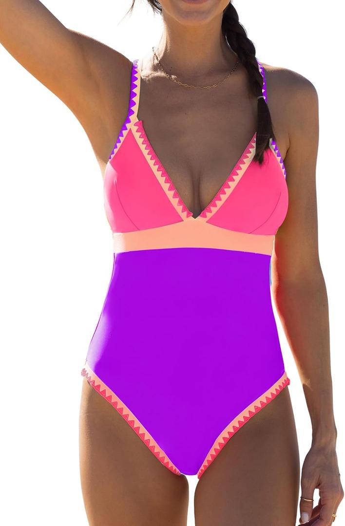 popvil One Piece Swimsuit 2025 Tummy Control Women Bathing Suit Shapewear Swimsuits Slimming Neon Cute Tie Back Swimwear (M)