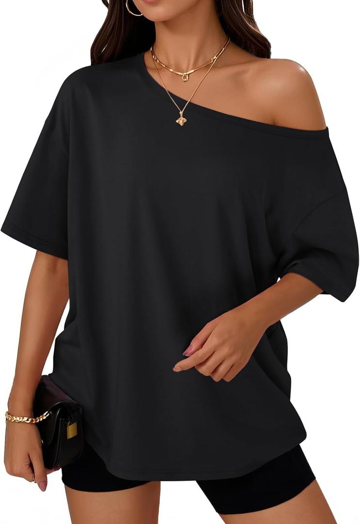 Trendy Queen Womens Off the Shoulder Tops Oversized T-Shirts Short Sleeve Tees Summer 2026 Casual Spring Clothes (Black, XL)