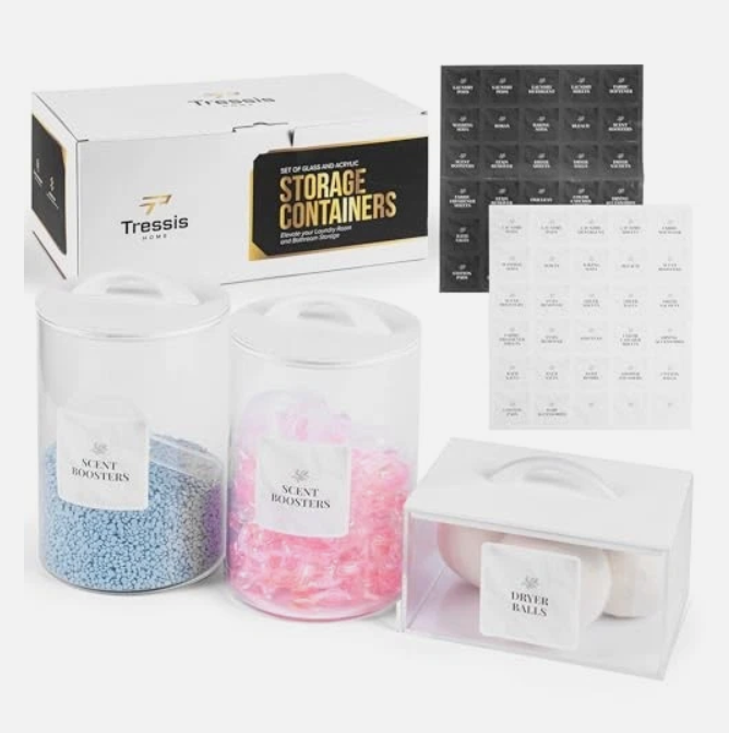 Laundry Pod Storage Container Set | Two 3L Glass Jars & One Acrylic Dryer Sheet Container with Bamboo Lids – Includes 2 Scoops, 60 Waterproof Laundry Labels – Dishwasher Safe