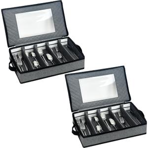 2 Pack Flatware Utensil Storage - Sturdy Silverware Storage Box with Dividers, 5 Compartment Flatware Storage Case with Handles and Removable Lid for Moving&Protected(Dark Gray)