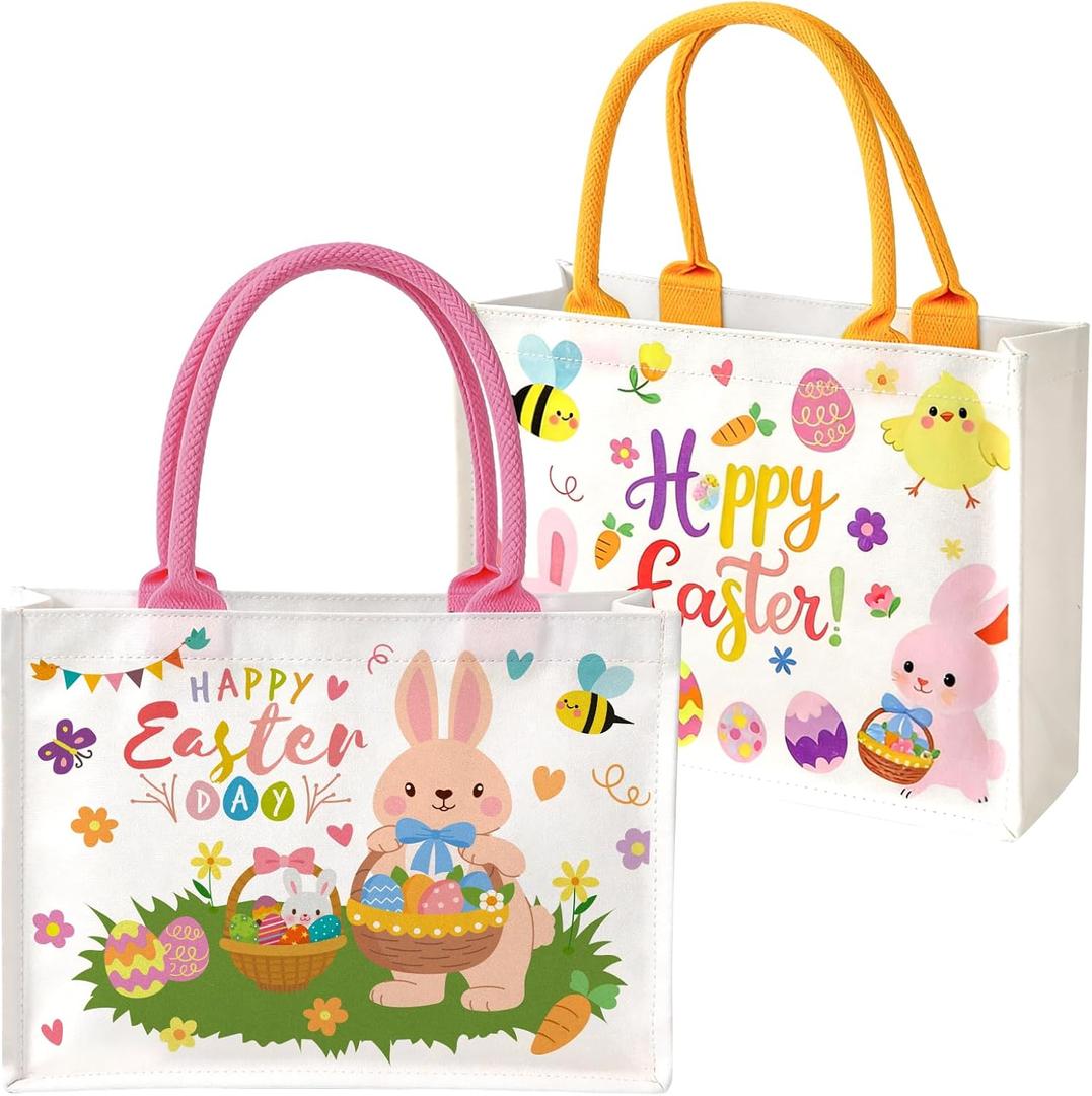 MUOUAKATE 2 Pack Easter Bags with Handles, Canvas Easter Tote Bags, Reusable Empty Spring Gift Basket Bags for Egg Hunt Treat Goodie Candy Gifts Stuffers Wrapping | Reusable, Foldable