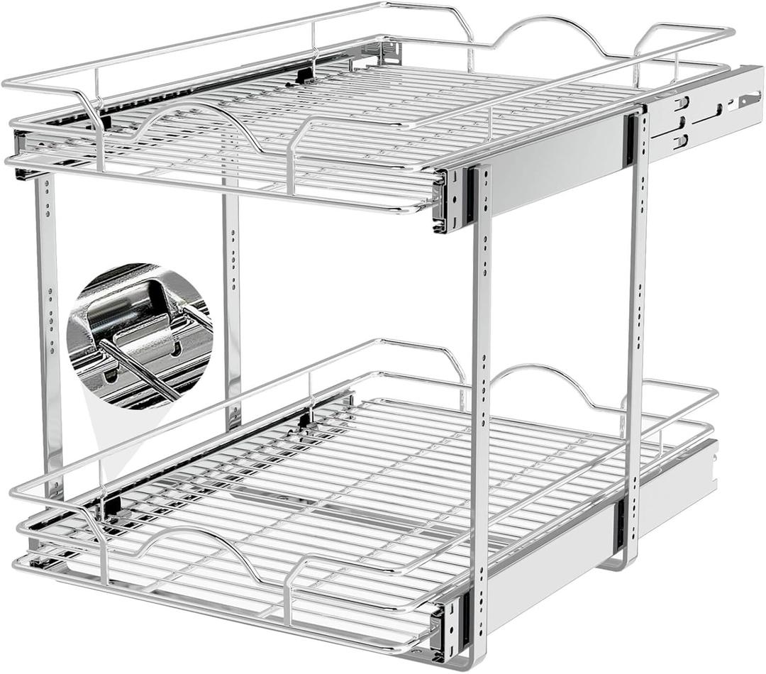 OCG 2 Tier Pull Out Cabinet Organizer (14" W x 21" D), Pull Out Drawers for Kitchen Cabinets, Pull Out Shelves for Base Cabinet Organization in Kitchen Bathroom Pantry, Chrome Finish