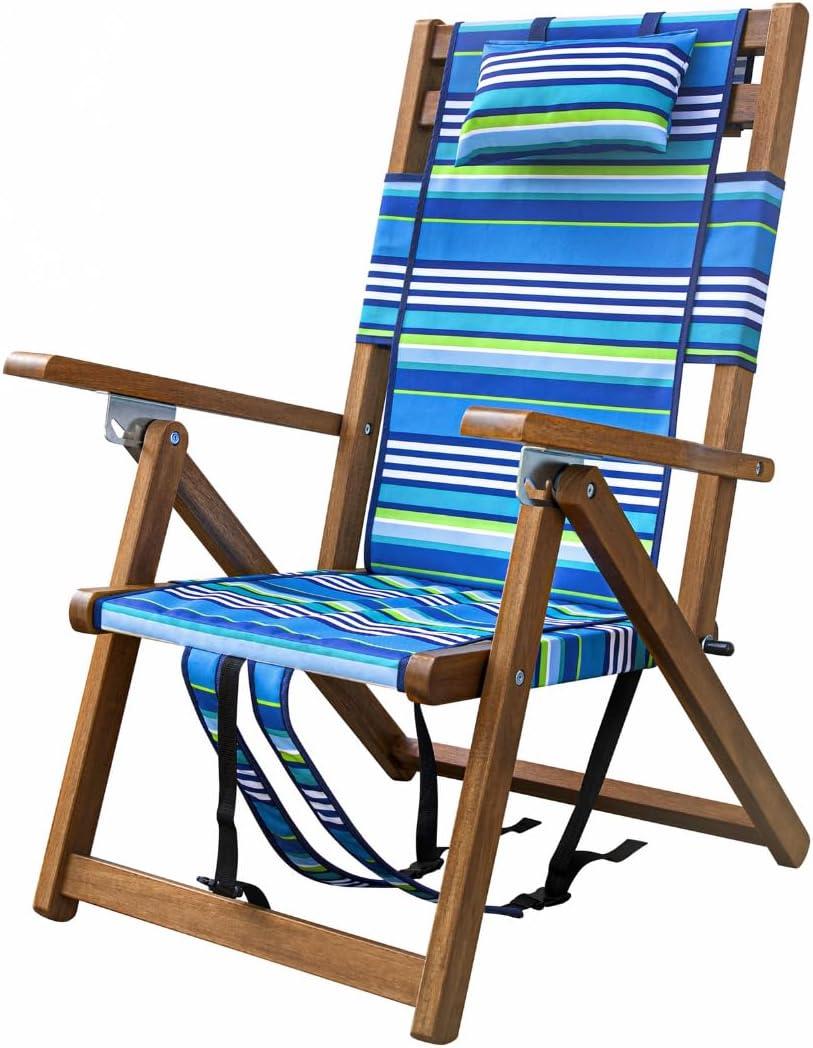 Melino Wooden Folding Outdoor Chair  3-Position Reclining Beach Sling w/ Pillow, Zipper Pouch, Carry Strap  Acacia Wood Frame for Patio, Lawn, Garden, Pool 225 lbs Support - Portable Lounge, Stripe