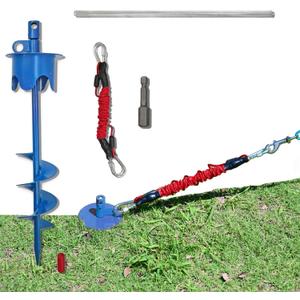 Dog Stakes for Outside Heavy Duty Hold up to 350Lbs Large Dogs Tie Out Tether Leash Chain for Yard Screw in Ground Anchors 17inch with Buffer Rope, Blue