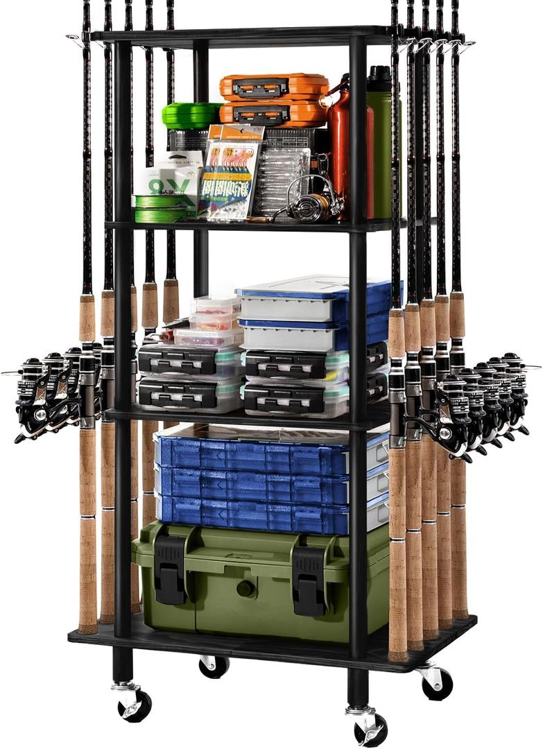 Ghosthorn Fishing Rod Holders for Garage Fishing Pole Rack Hold up to 10 Rods Fishing Pole Holders Wooden Organizer Fishing Rod Rack Car Fishing Gear Storage Equipment (Black, 4 Tier)